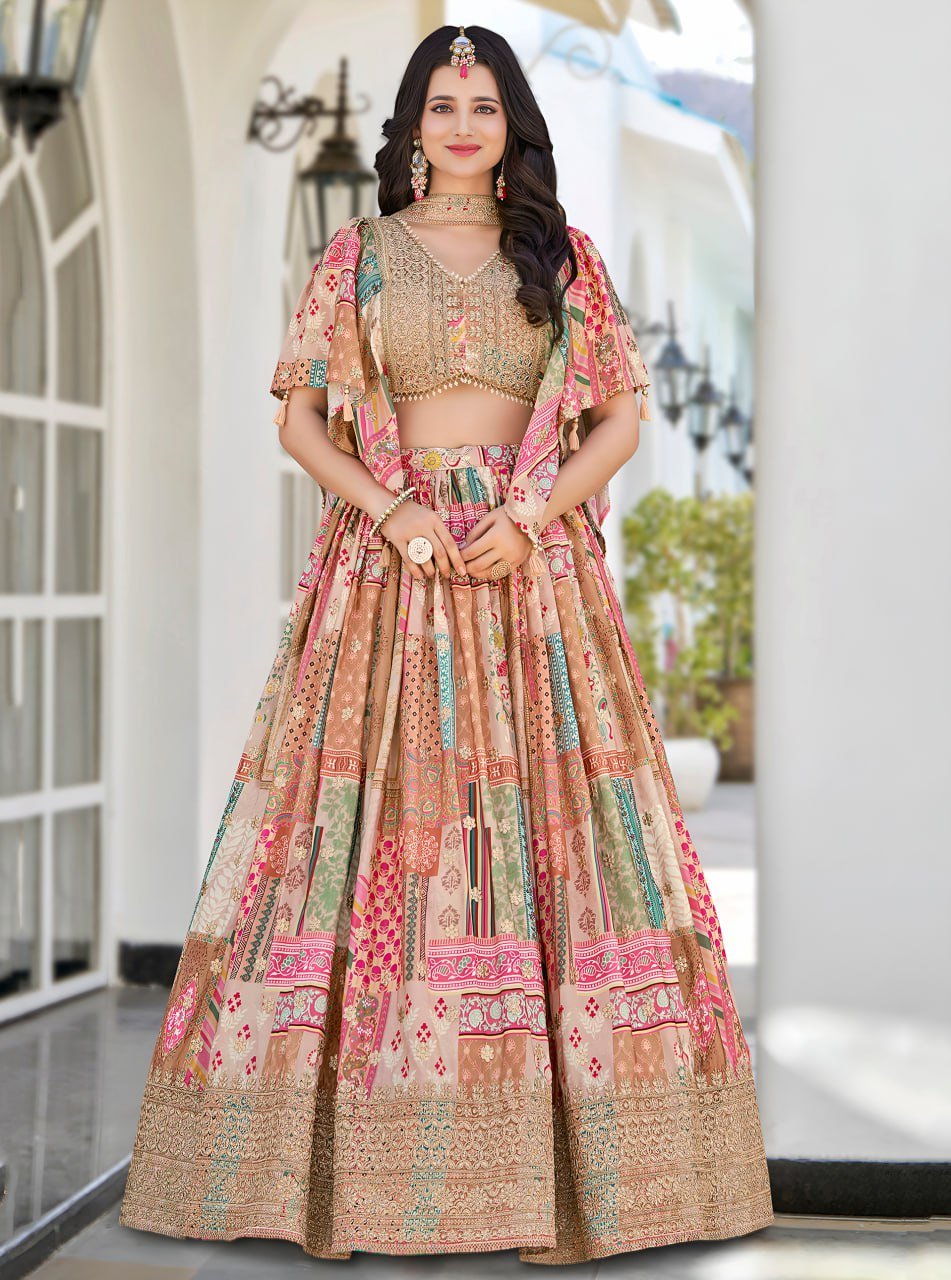 Muted Peach Embroidered Lehenga In Chinnon Silk Perfect For Destination Weddings