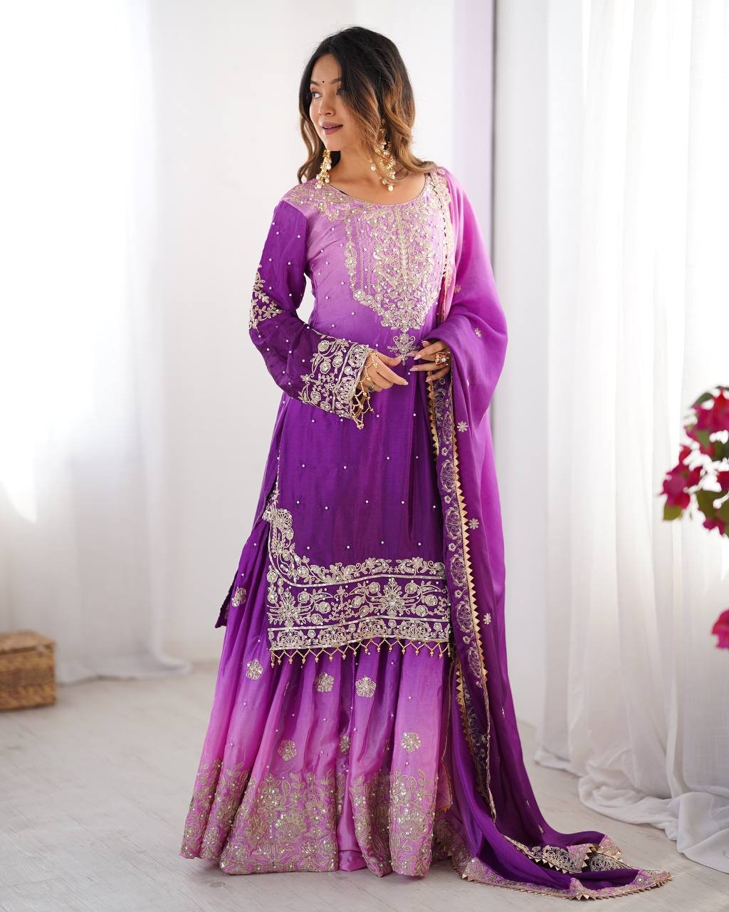 Chinon Silk Embroidered Plazo Suit Set with Coding Dori Work
