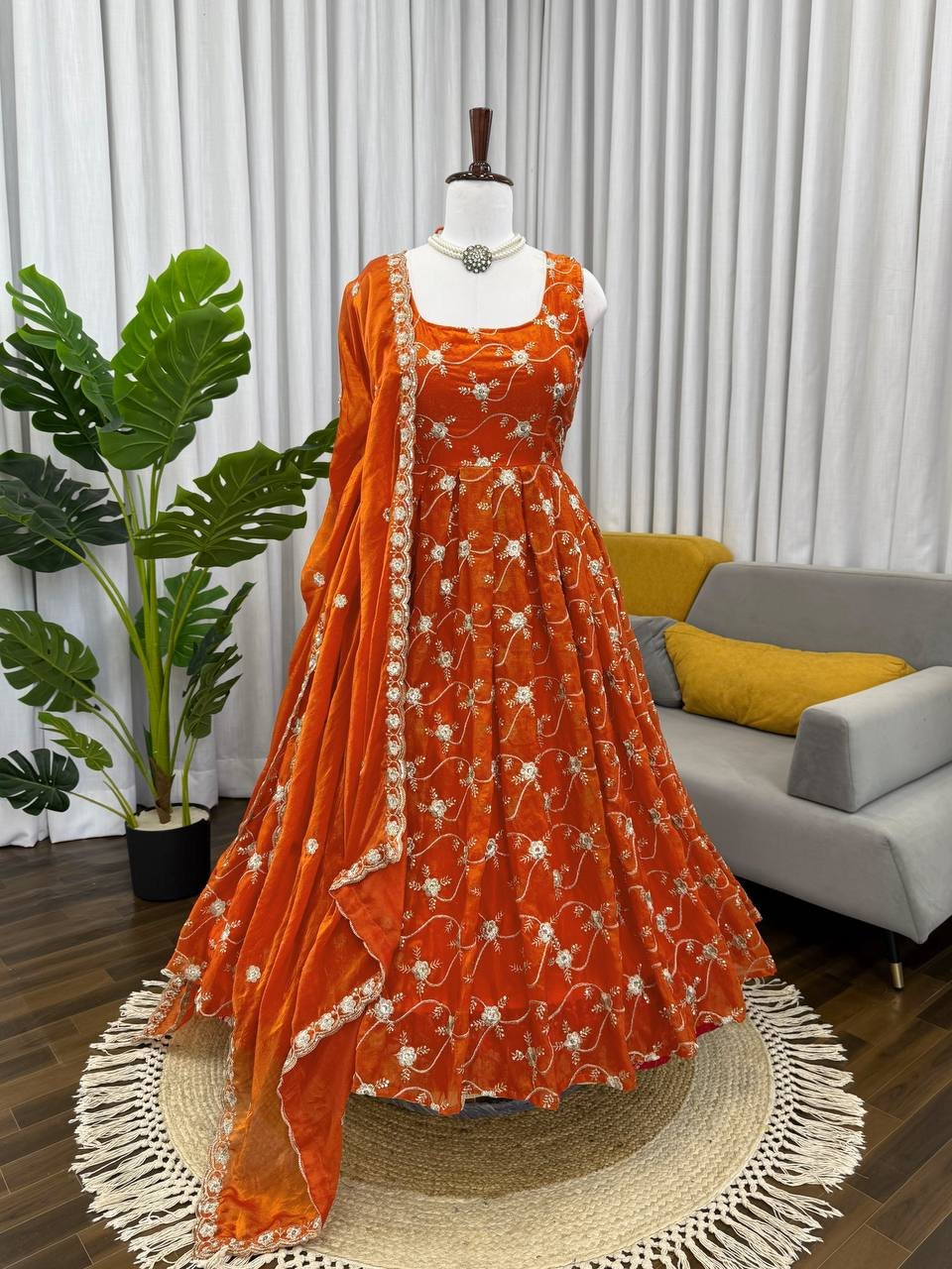 Orange Fendy Silk Anarkali Set