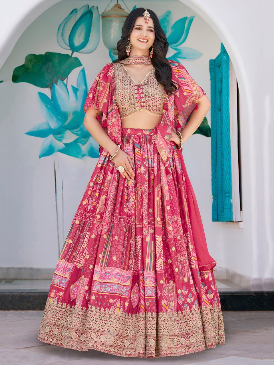 Pink Multicolor Printed Embroidered Lehenga Set