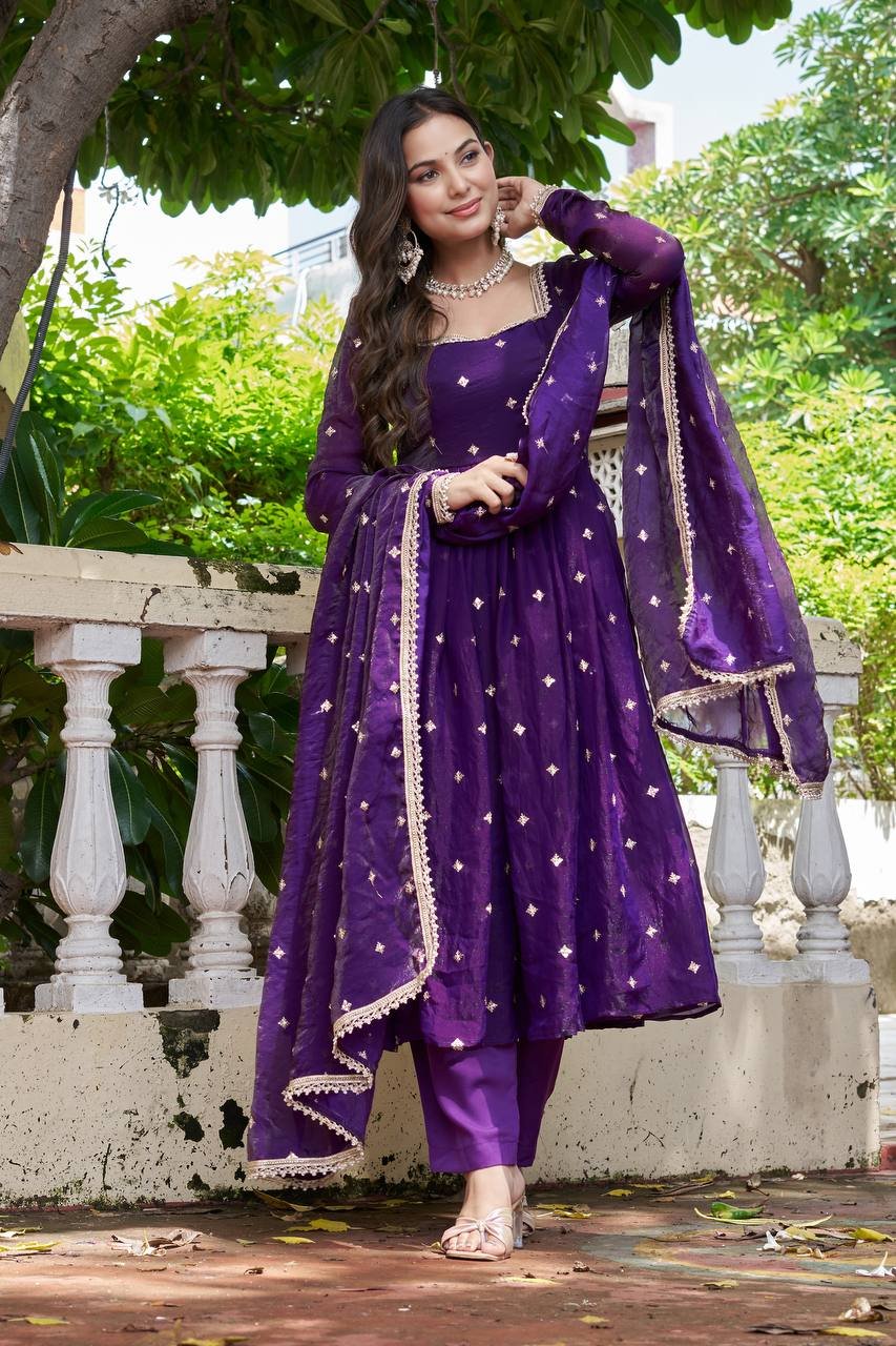 Fendi Silk Anarkali Suit with Embroidered Dupatta