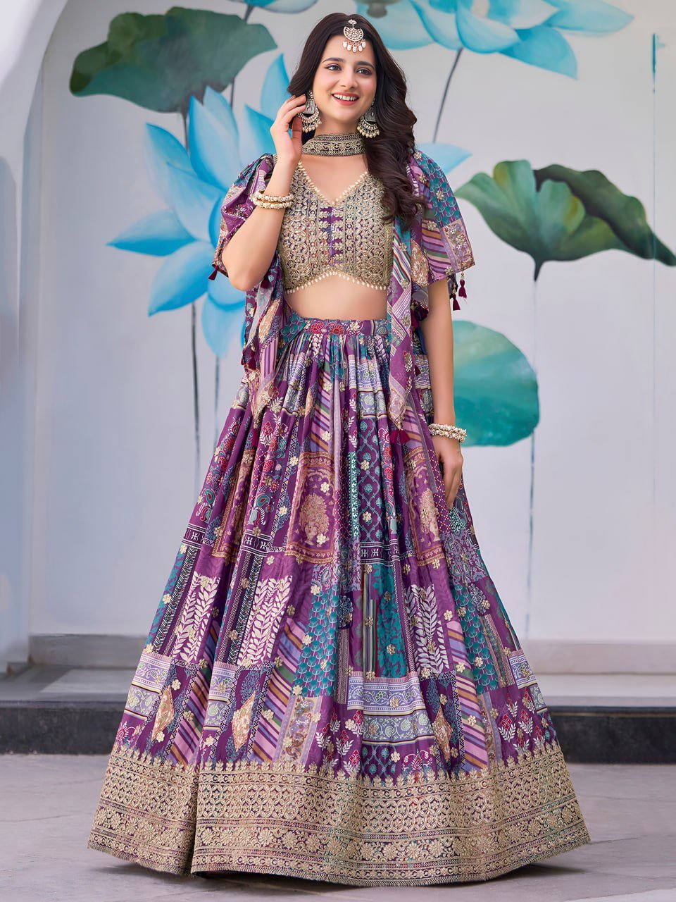 Purple Multicolor Printed Embroidered Lehenga Set