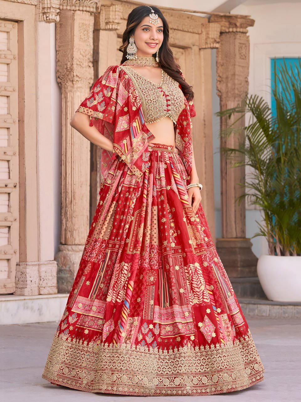 Red Multicolor Printed Embroidered Lehenga Set