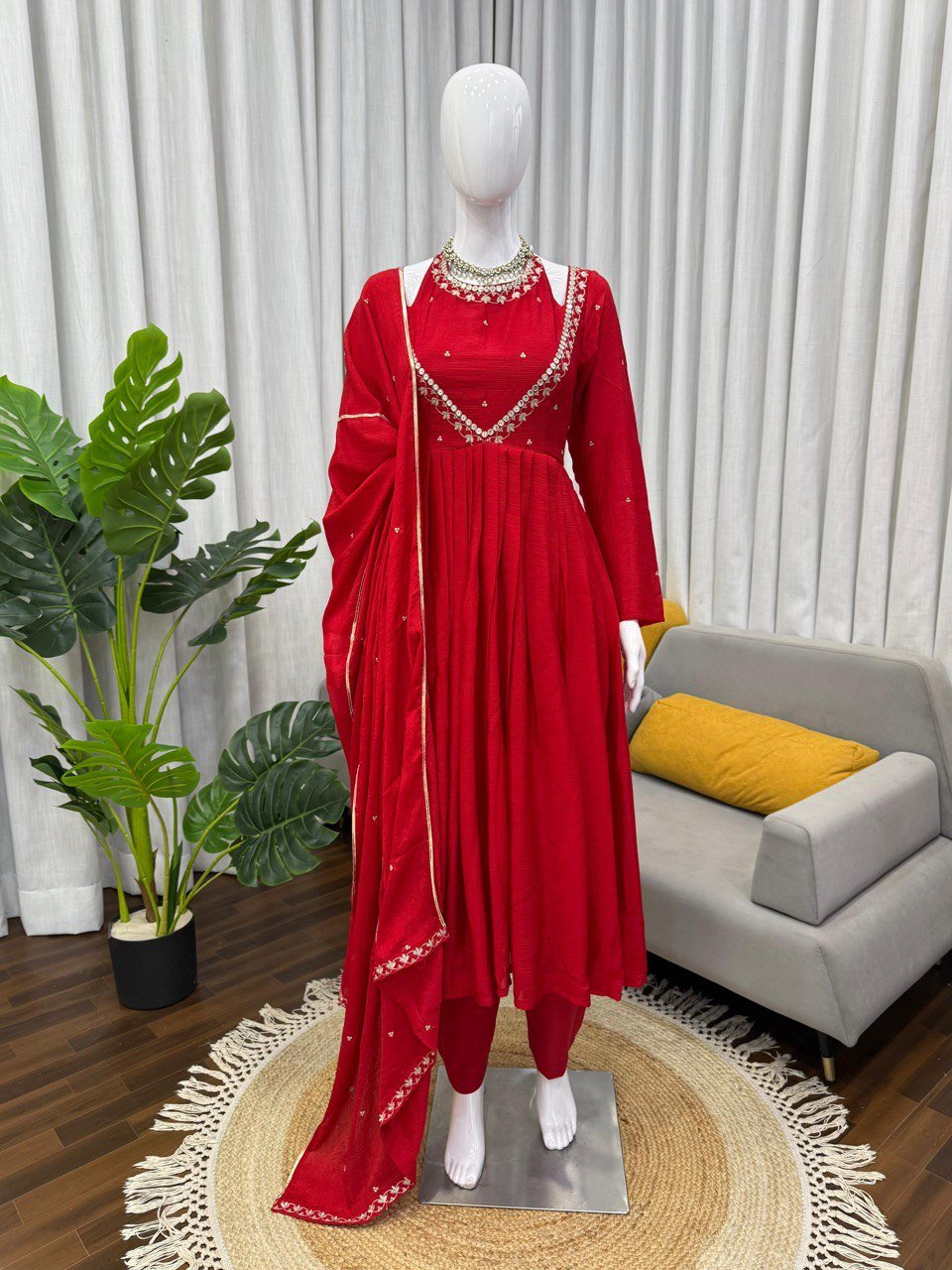 Red Chinon Silk Plazo Suit Set with Sequin Work & Dupatta