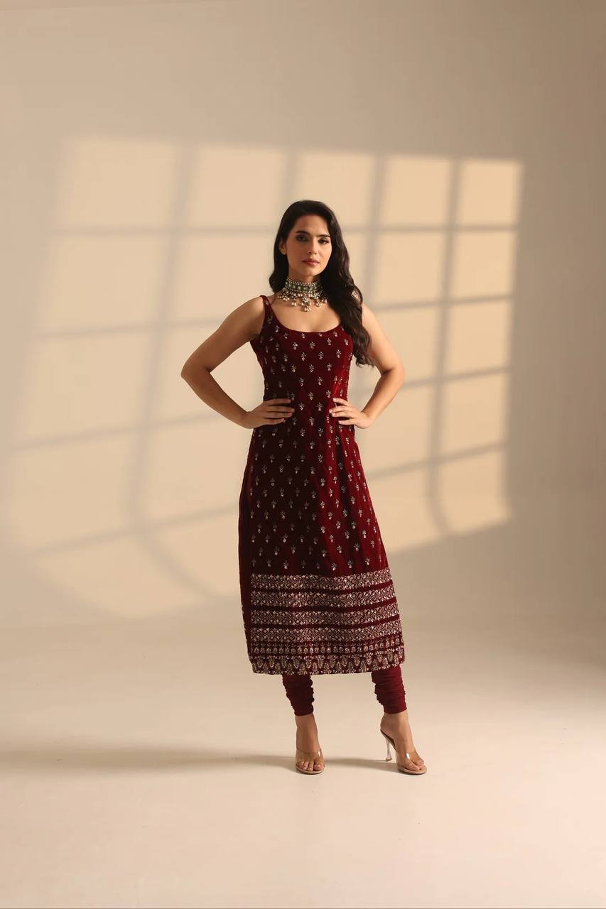 Maroon Roman Glass Kurti Pant Set with Thread & Sequence Work