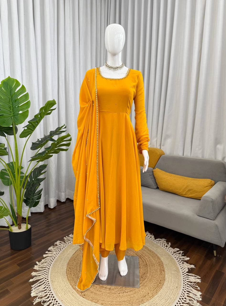 Yellow Faux Georgette Haldi Special Anarkali Set