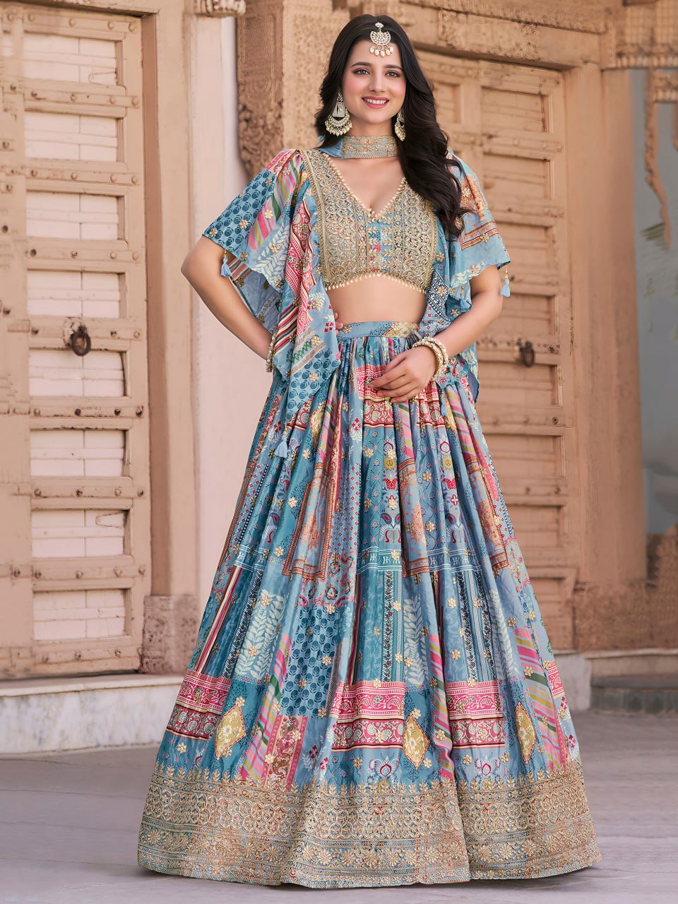 Sky Blue Multicolor Printed Embroidered Lehenga Set