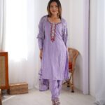 Light Purple & Black Chinon Silk Co-Ord Set with Thread & Sequin Work