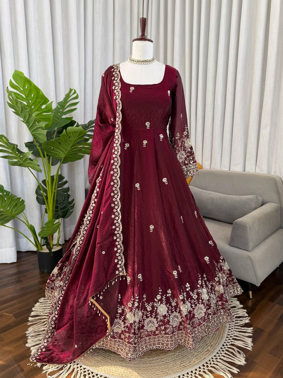 Maroon Fendy Silk Anarkali Suit Set with Sequins Work