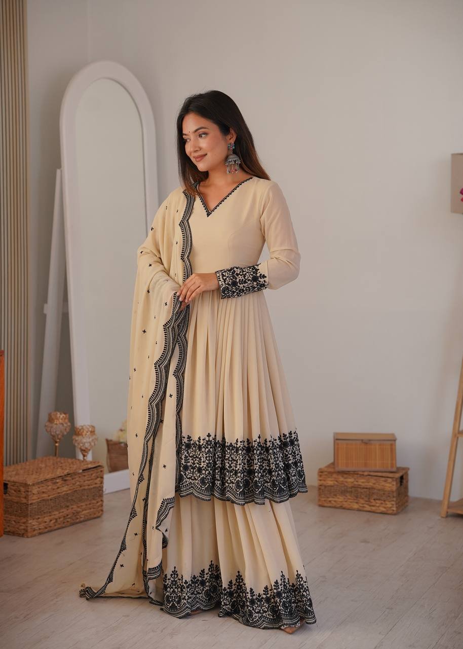 Beige Faux Georgette Embroidered Salwar Suit Set with Dupatta