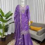 Violet JMC Silk Embroidered Palazzo Suit Set with Dupatta