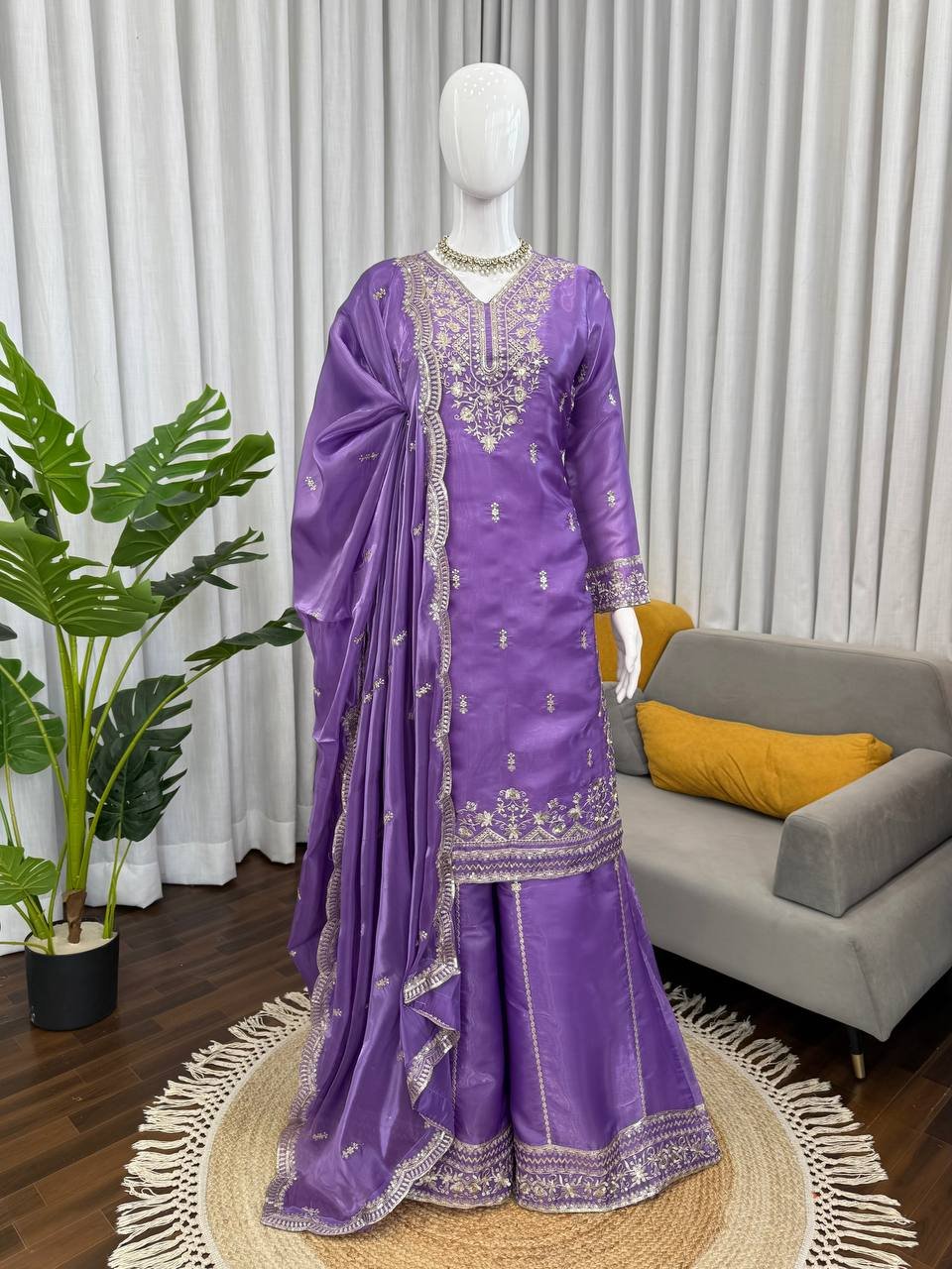 Violet JMC Silk Embroidered Palazzo Suit Set with Dupatta