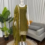 Green Heavy Fendy Silk Embroidered Suit Set with Dupatta