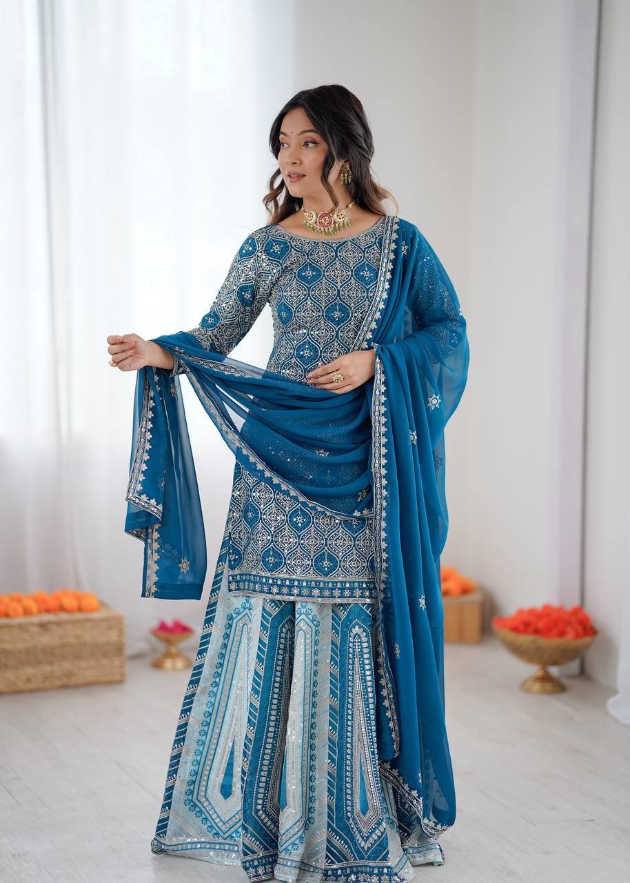 Blue Faux Georgette Embroidered Lehenga Set with 3.2 Meter Grand Flair