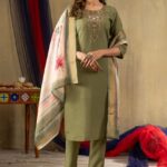 Shimmer Gold Silk Straight Kurti Pant Dupatta Set