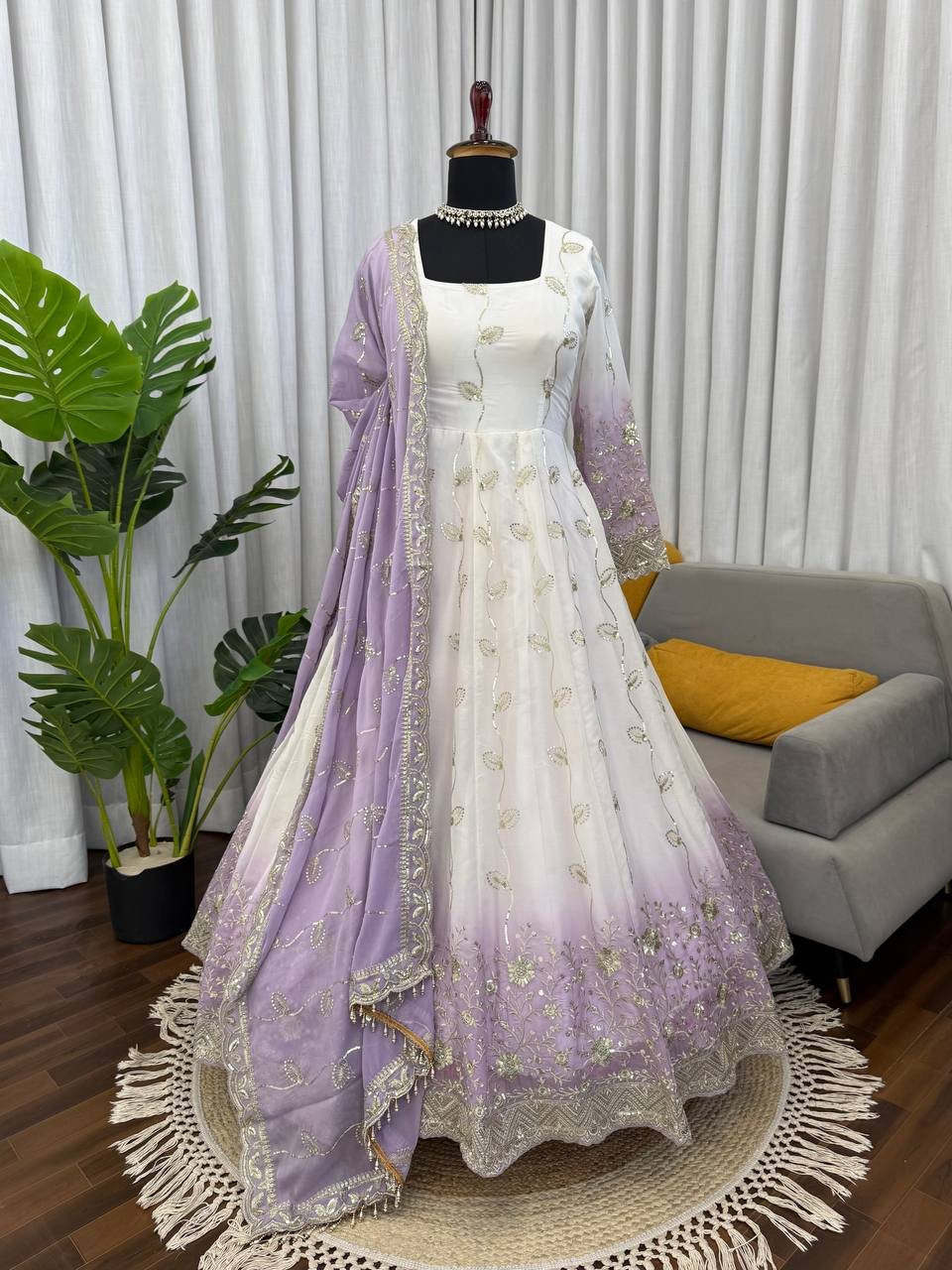 White Star Georgette Anarkali Suit Set with Sequins Work