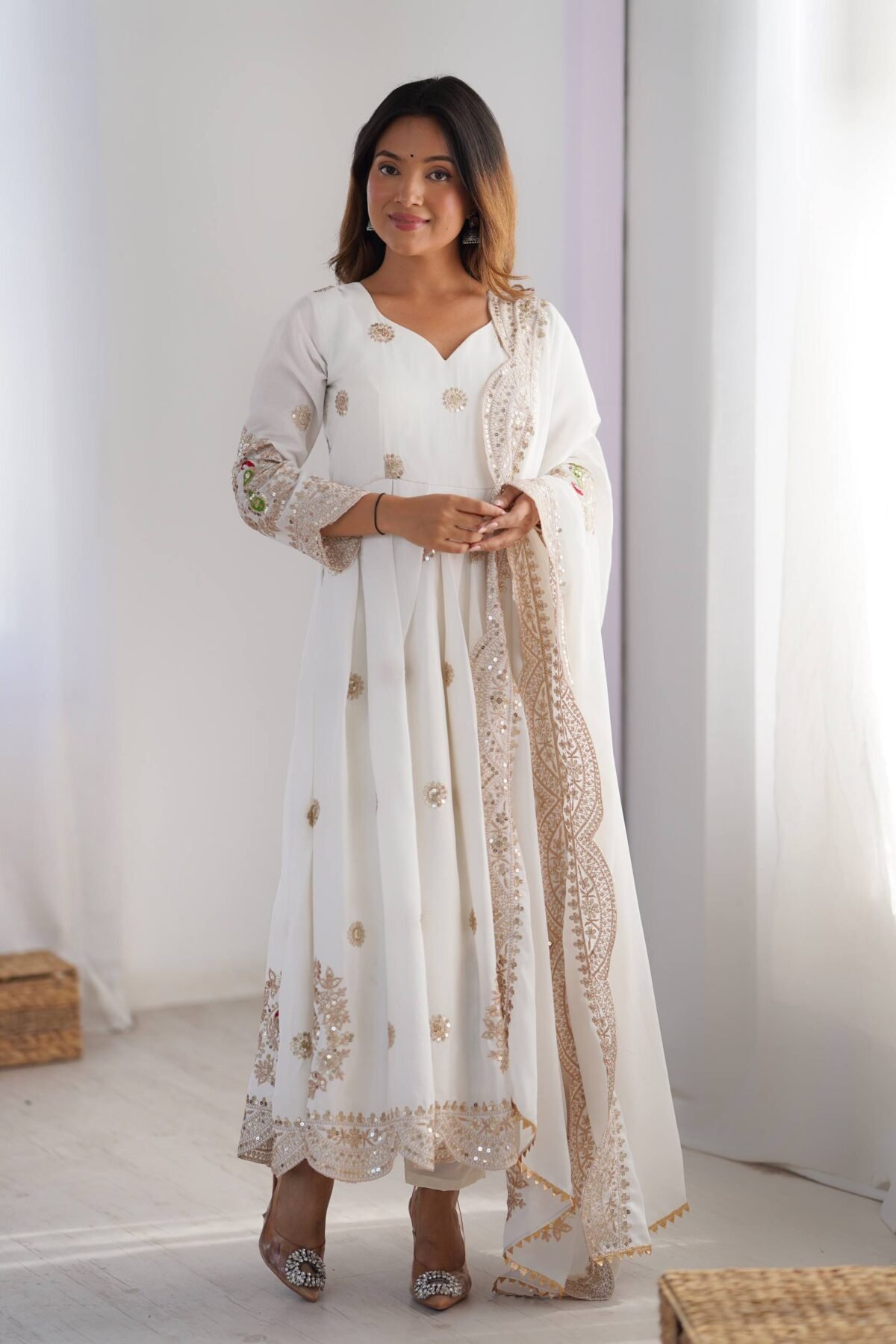 White Chinon Silk Embroidered Anarkali Set