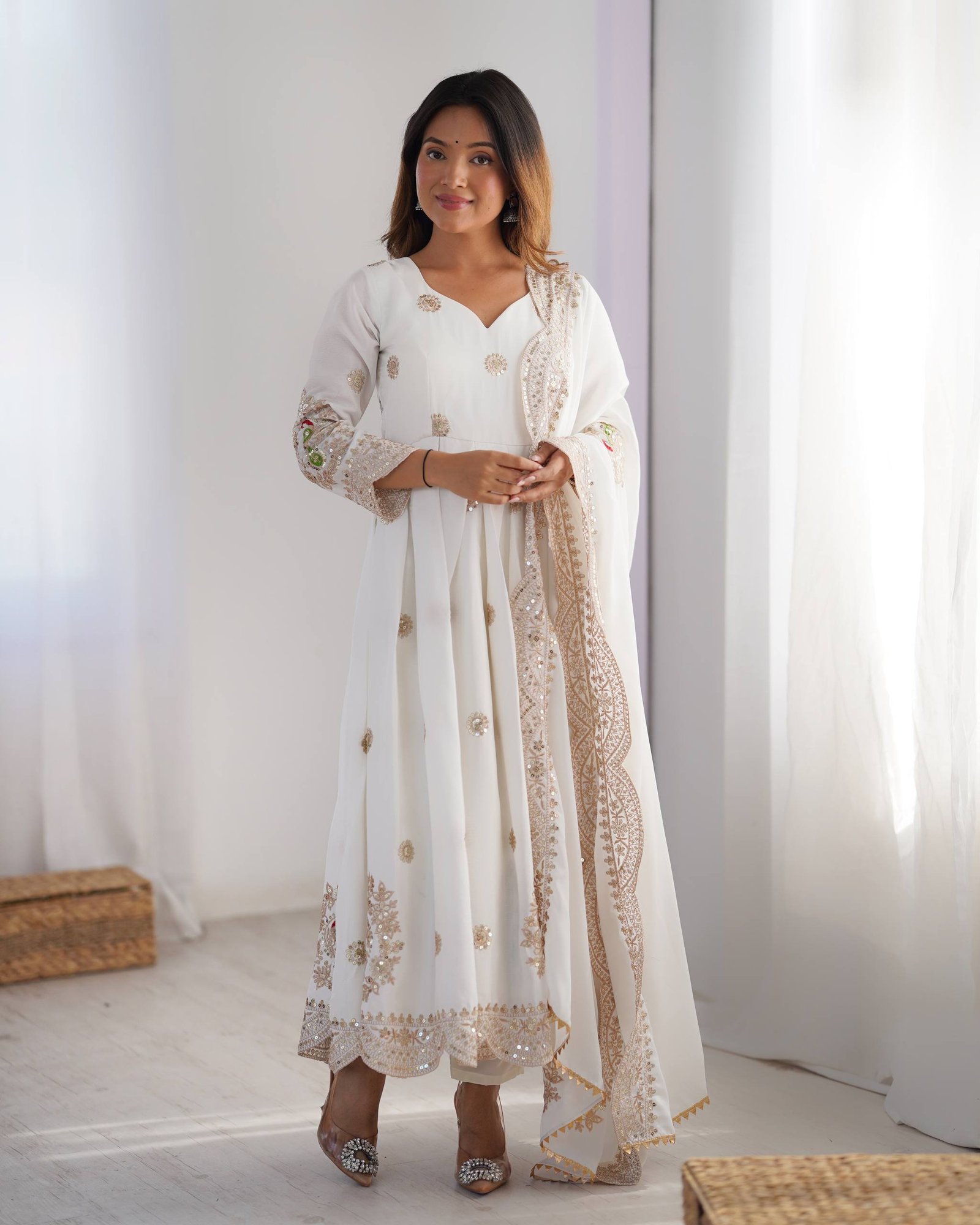 White Chinon Silk Embroidered Anarkali Set