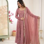 Rose Gold Roman Silk Anarkali Set with Pant & Zarkan Work Dupatta