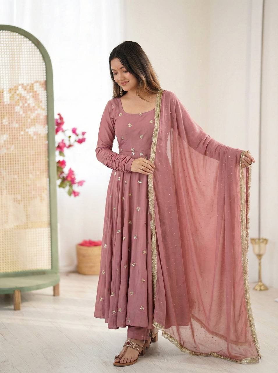Rose Gold Roman Silk Anarkali Set with Pant & Zarkan Work Dupatta