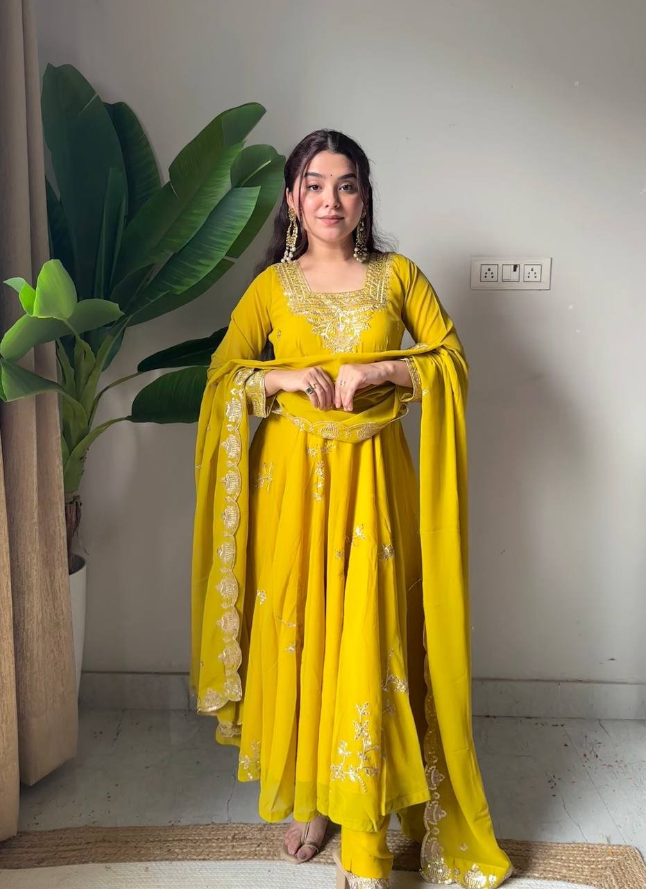 Yellow Fox Georgette Embroidered Kurti Set