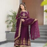 Purple & Teal Faux Georgette Gown with Dupatta
