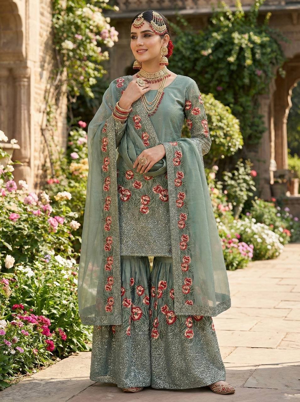 Fendy Silk Sharara Suit with Heavy Embroidery & Hand Work