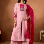 Roman Silk Anarkali Kurti Set with Plazo & Embroidered Dupatta