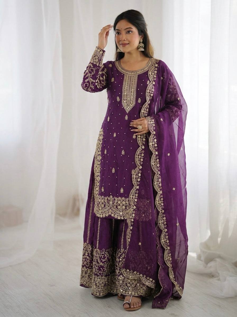Fendy Silk Palazzo Suit with Embroidery Coding & Sequence Work