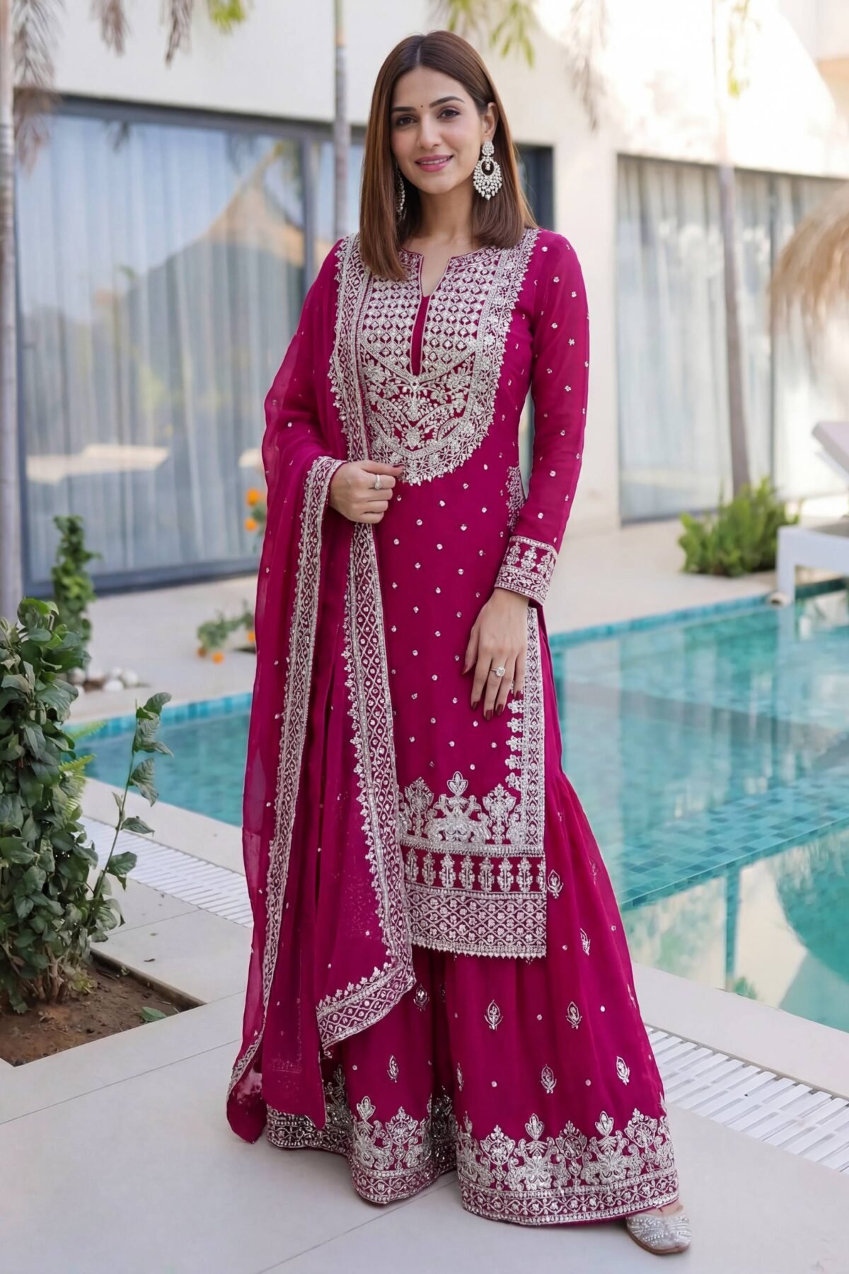 Faux Georgette Embroidered Kurti Sharara Set