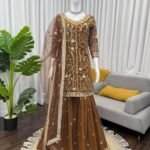 Brown Faux Georgette Embroidered Top, Sharara & Dupatta Set
