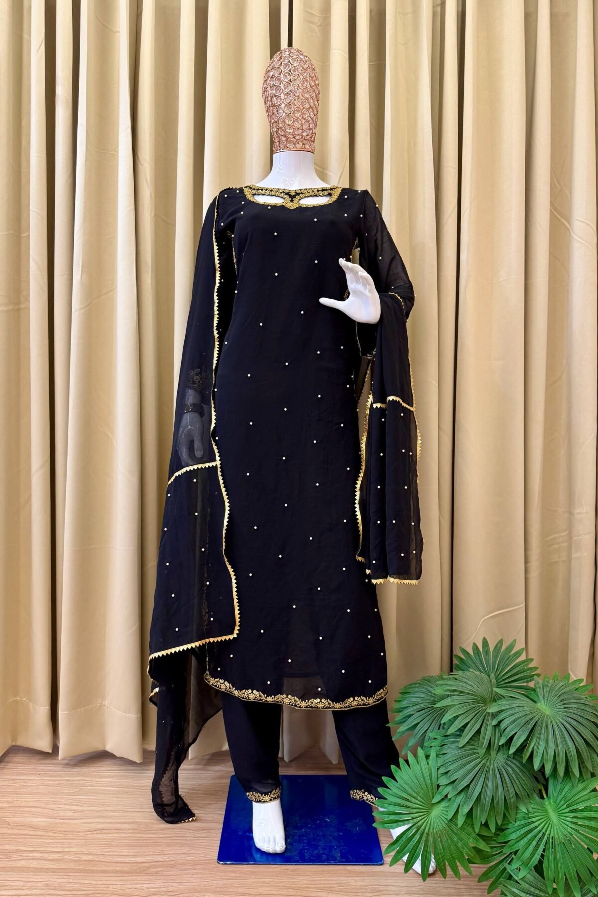 Faux Georgette Embroidered Set with Real Pearl Moti Work
