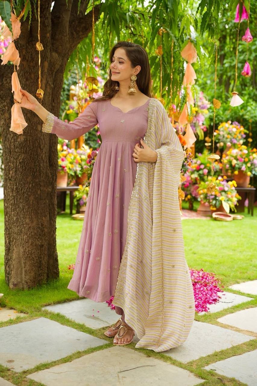 Light Pink & Sky Blue Faux Georgette Embroidered Suit Set