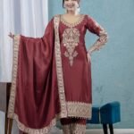 Maroon Chinon Silk Suit Set with Embroidery Coding & Sequence Work