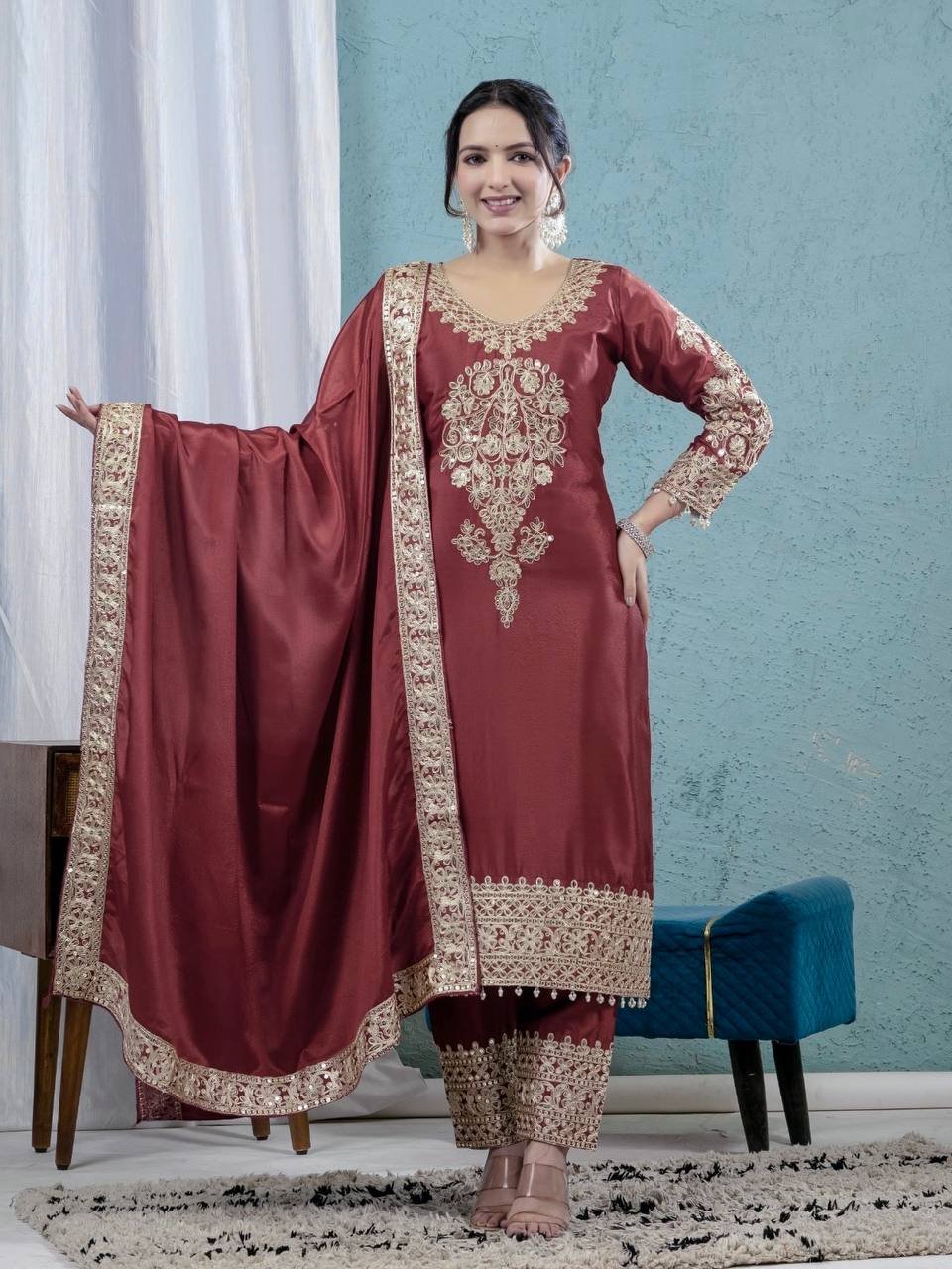 Maroon Chinon Silk Suit Set with Embroidery Coding & Sequence Work