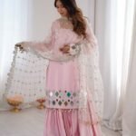 Light Pink French Crepe Suit with Sharara & Mirror Work Embroidered Dupatta