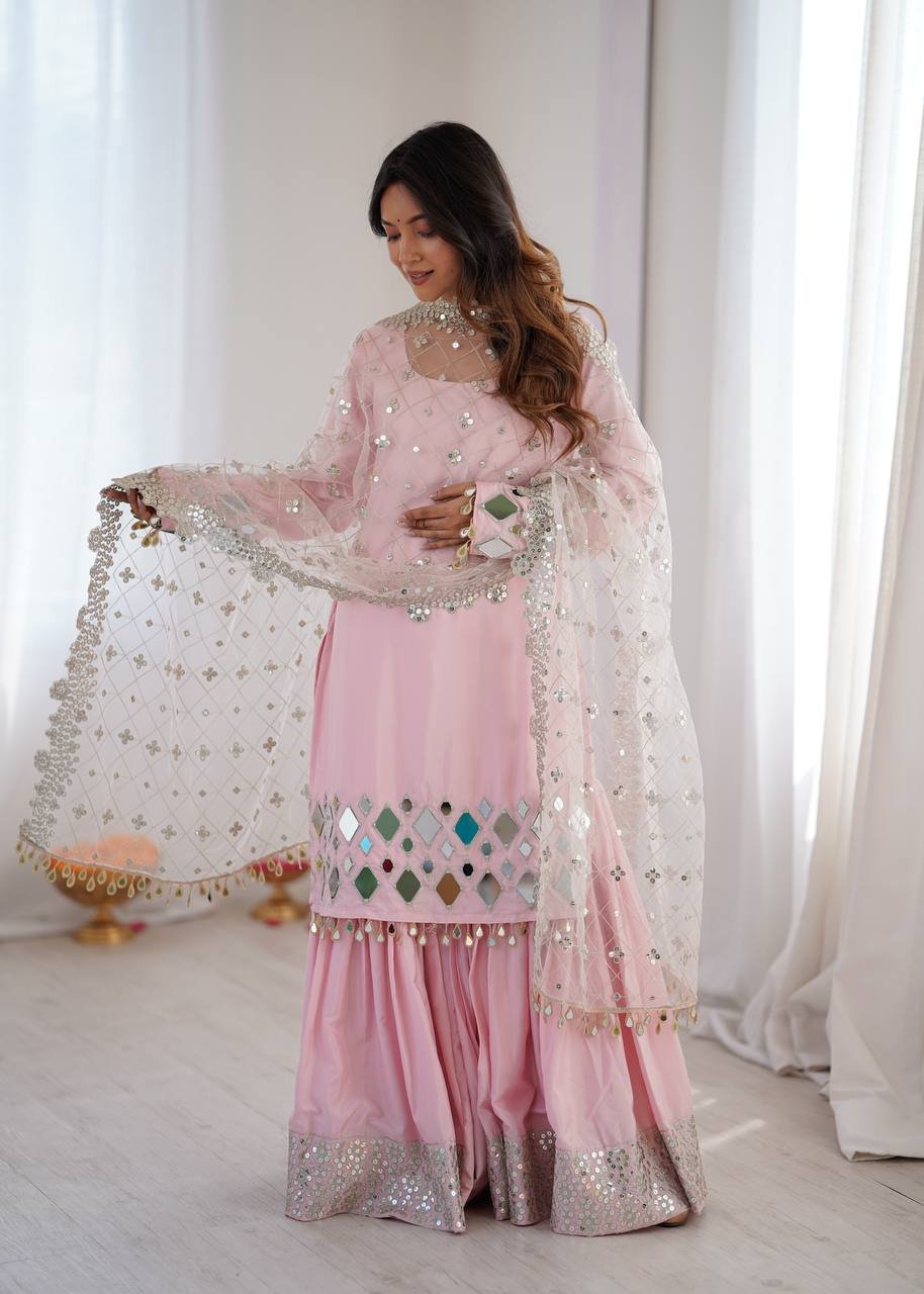 Light Pink French Crepe Suit with Sharara & Mirror Work Embroidered Dupatta