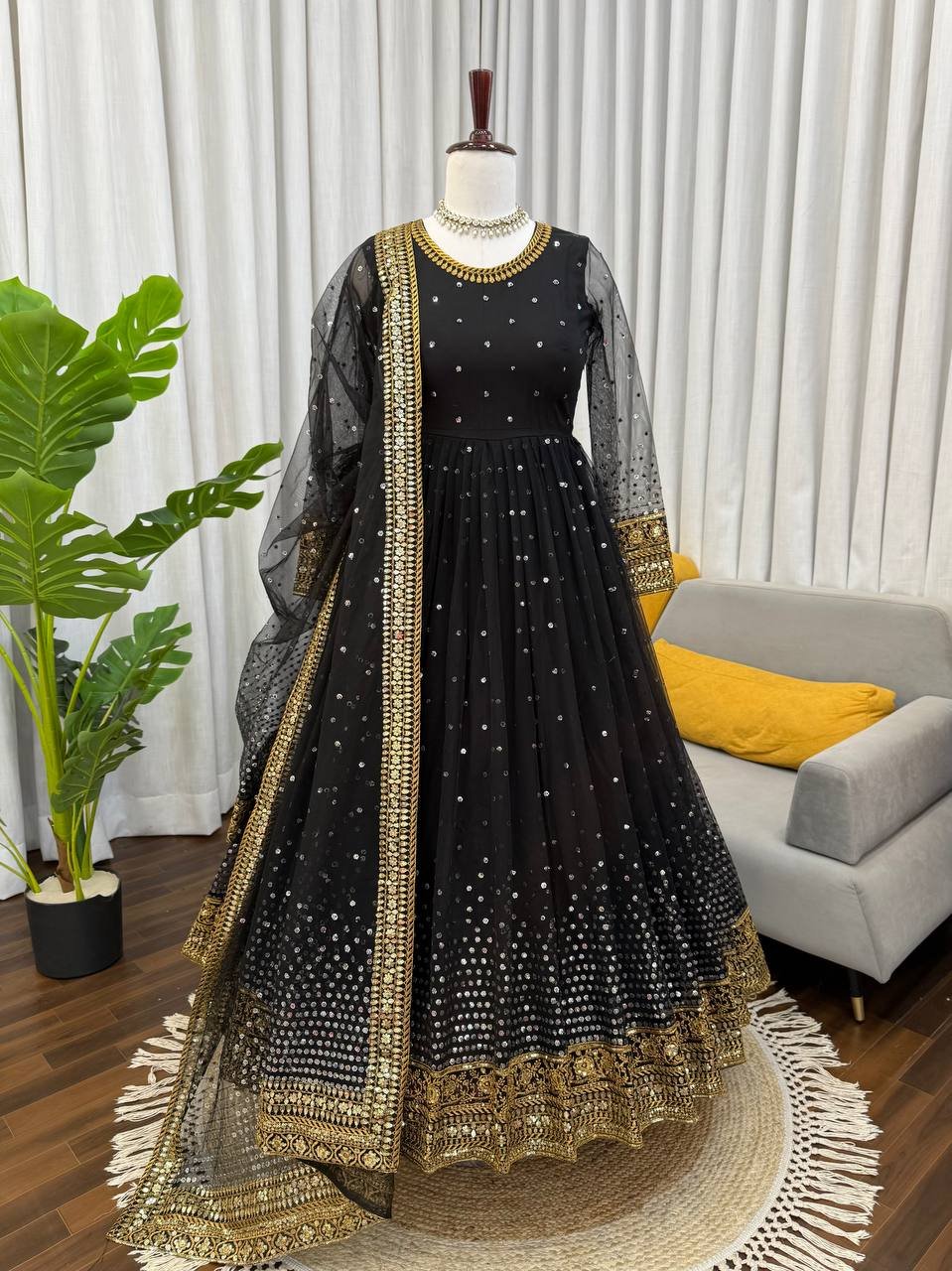 Black Butterfly Net Anarkali Suit with Embroidered Dupatta