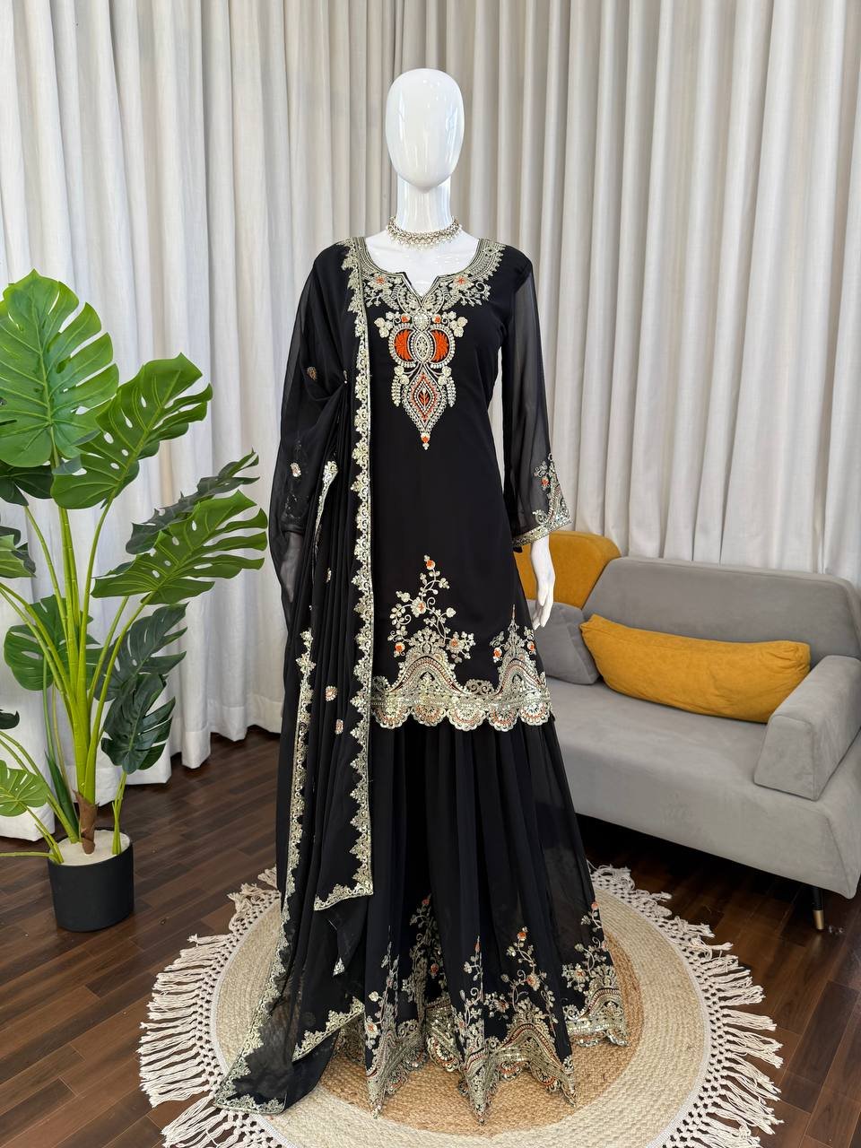 Faux Georgette Embroidered Top, Sharara & Dupatta Set