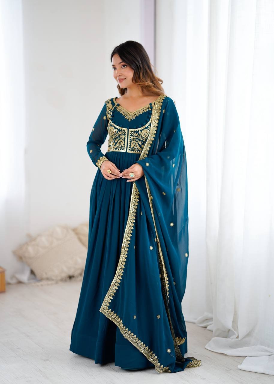 Teal & Purple Faux Georgette Embroidered Suit Set