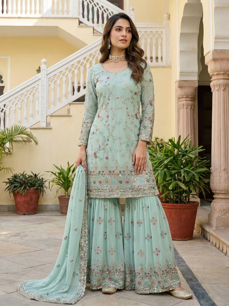 Faux Georgette Embroidered Kurti Sharara Set