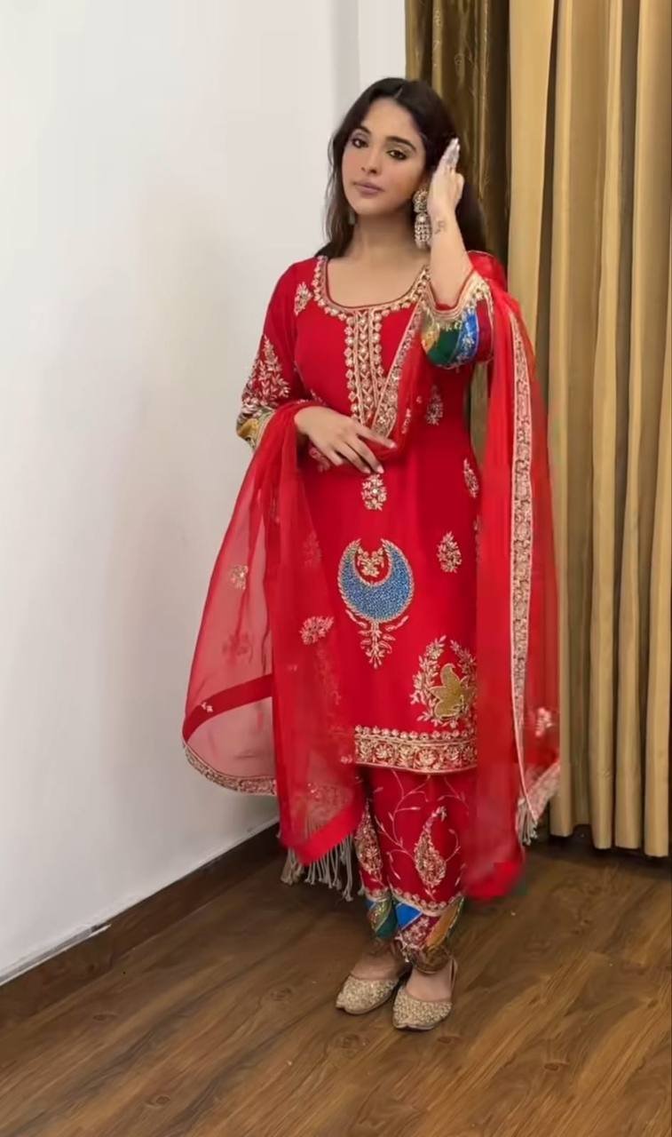 Red Heavy Natural Crepe Silk Embroidered Top with Pant and Dupatta