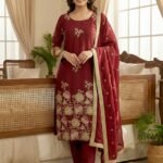 Maroon Organza Poly Silk Palazzo Suit with Lace Dupatta