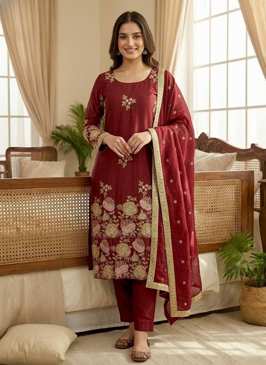 Maroon Organza Poly Silk Palazzo Suit with Lace Dupatta