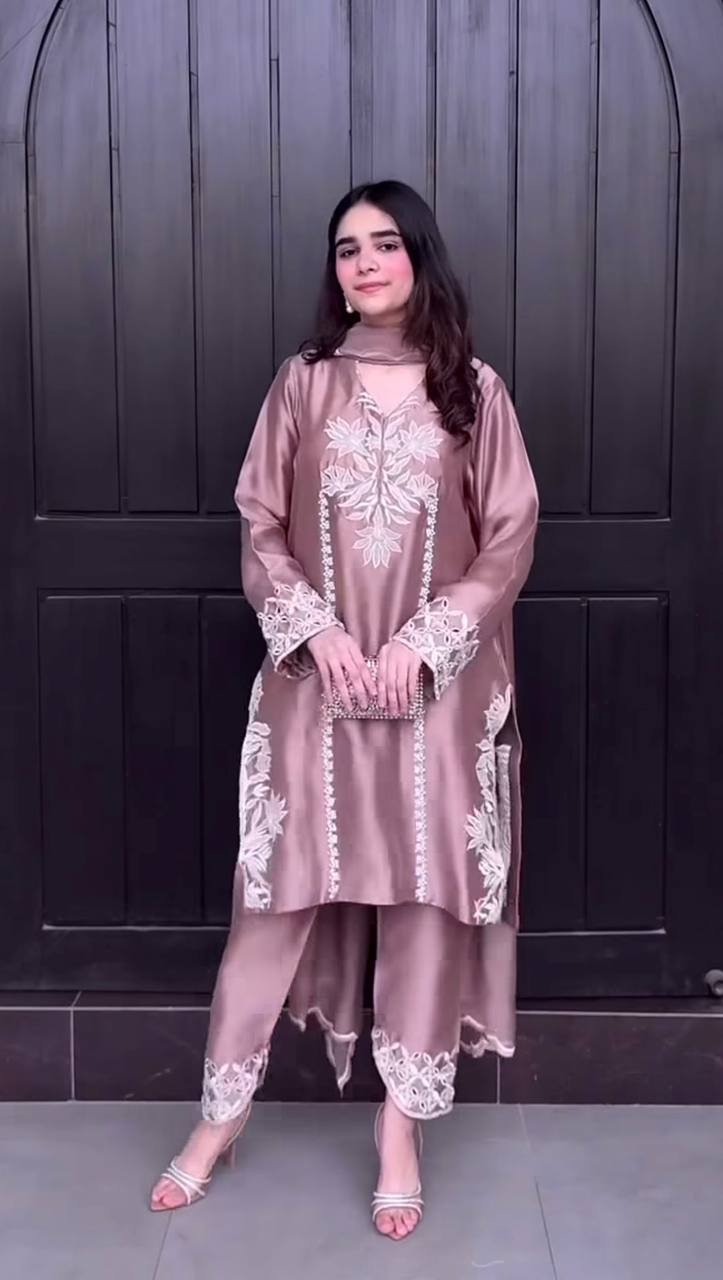 Heavy Natural Crepe Silk Embroidered Suit Set