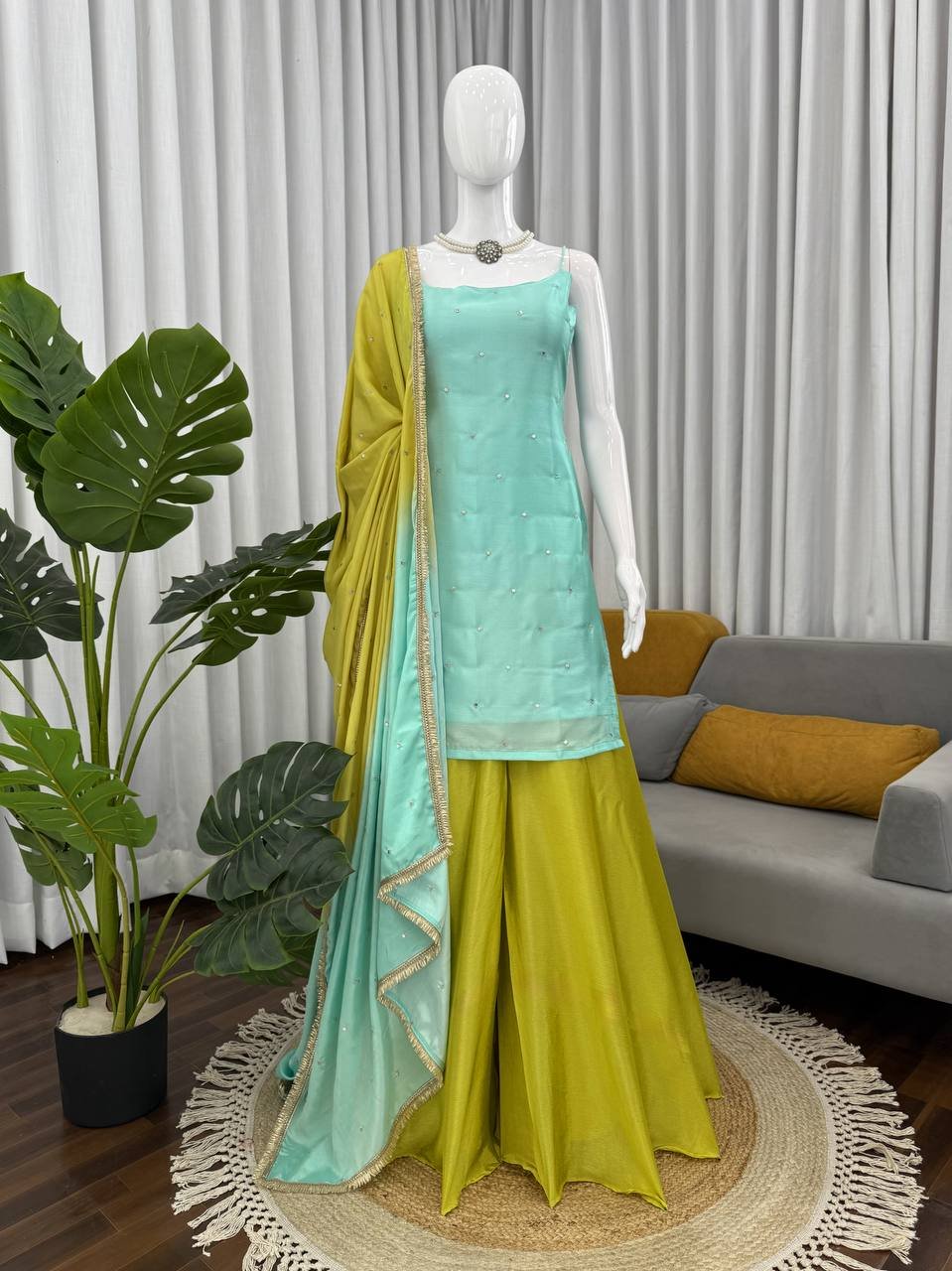 Sky Blue Chinon Silk Kurti Palazzo Dupatta Set with Sequin Thread Work