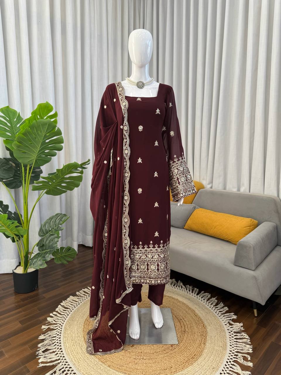 Wine Faux Georgette Kurti Pant Set with Dupatta