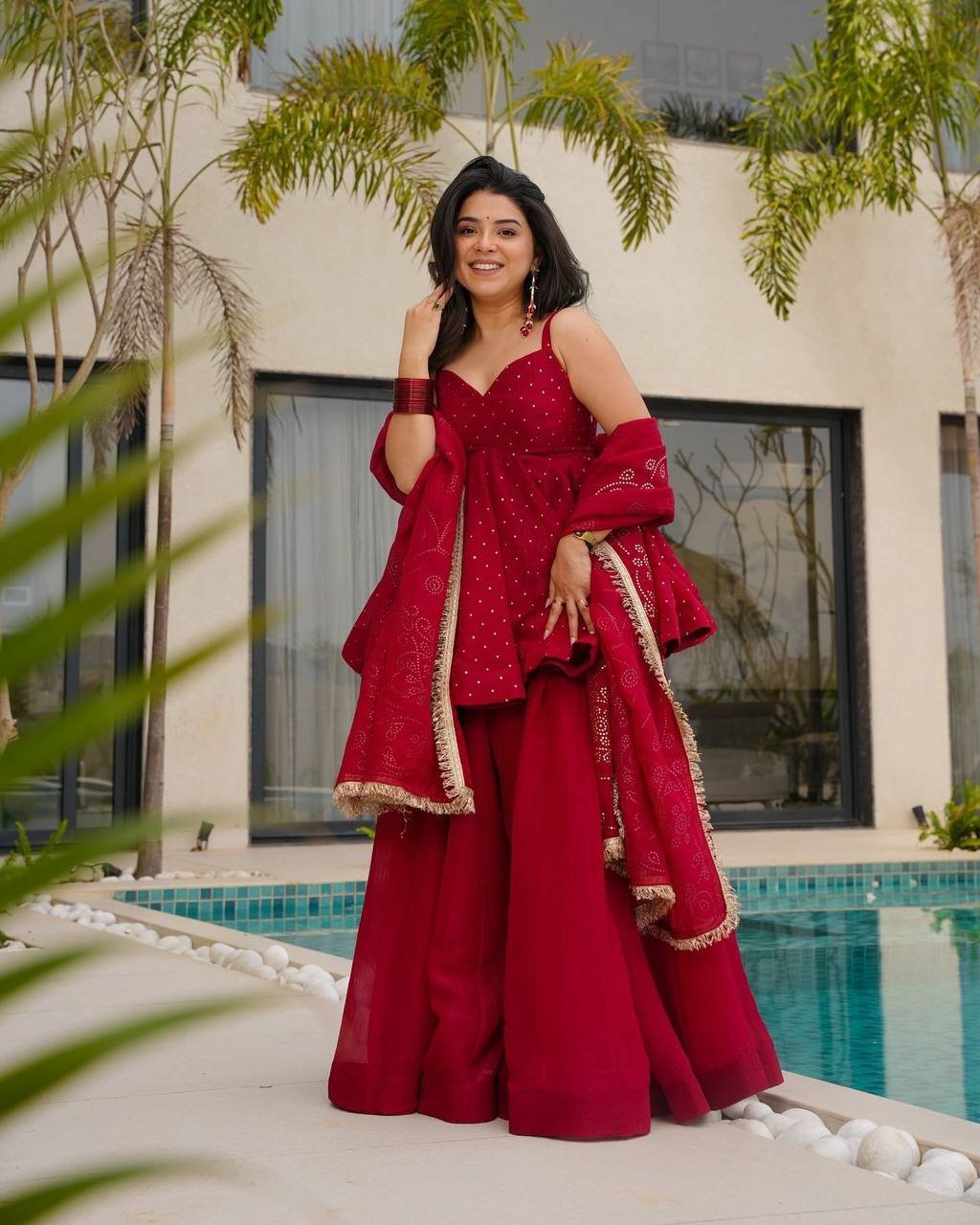Red & Beige Tabby Organza Kurti Palazzo Dupatta Set with Mukesh Work