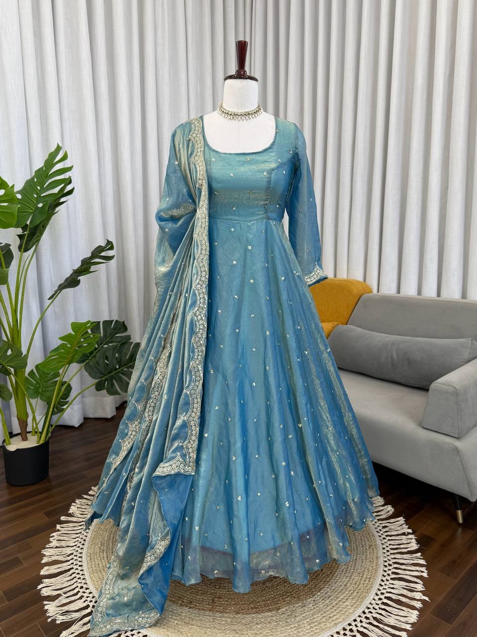 Blue Fendy Silk Anarkali Palazzo Set with Thread & Sequin Work