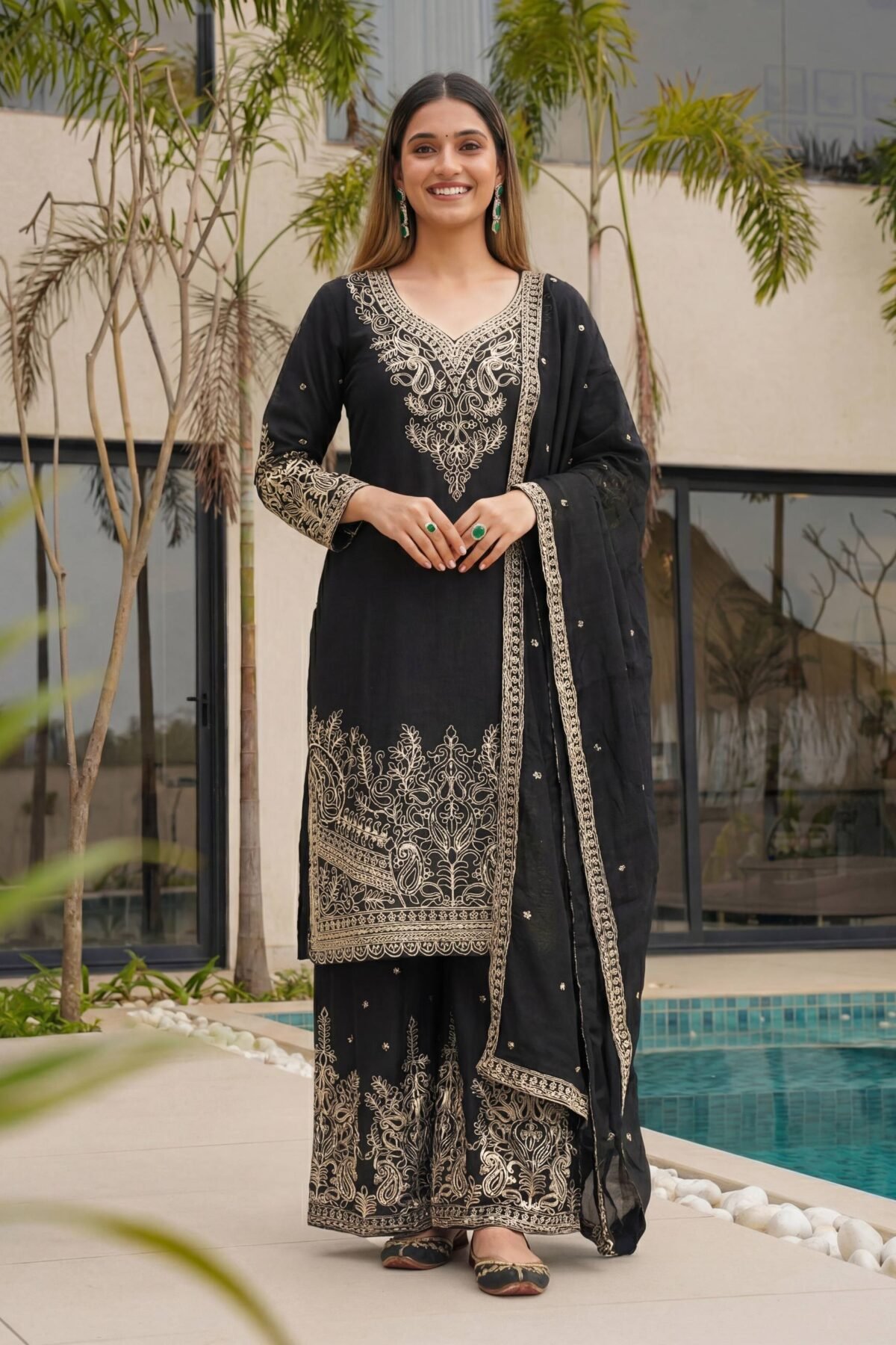 Chinon Silk Embroidered Kurti Sharara Set with Dupatta